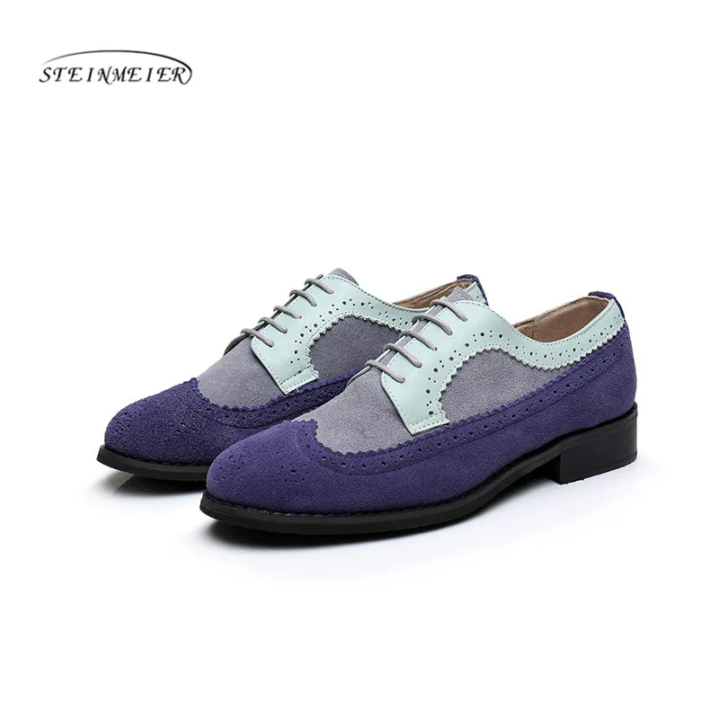 Women Genuine Leather Oxford Shoes Woman Flats Handmade Vintage Retro Lace Up Loafers Brown Casual S Suede Oxford