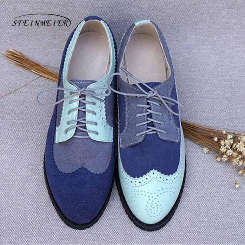 Oxford Booties Heels Women Genuine Leather Oxford Shoes Woman Flats Handmade Vintage Retro Lace Up Loafers Brown Casual S