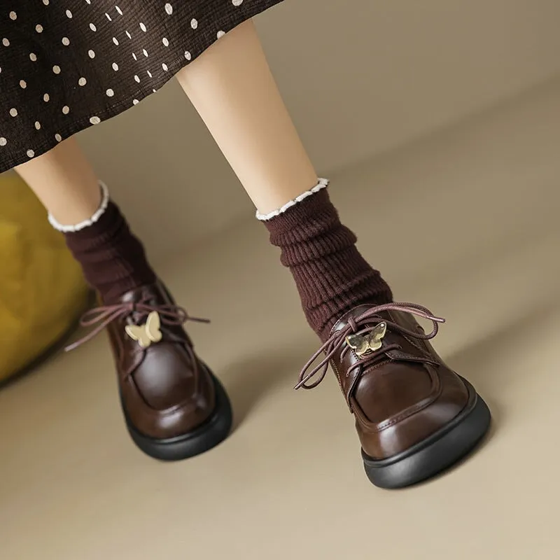 Women Handmade Genuine Leather Derby Shoes Brown/White/Black Grand Plain Toe Oxford