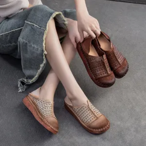Oxford Shoppe Women Handmade Leather Loafers Mori Girl Shoes Round Toe Retro Flat Shoes Apricot/Coffee