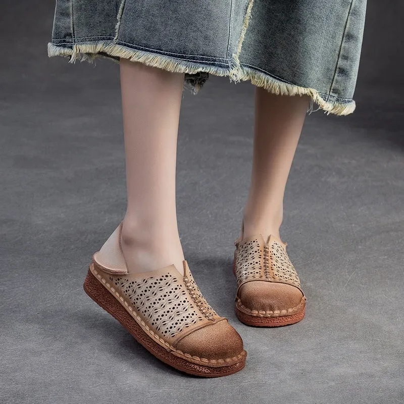 Women Handmade Leather Loafers Mori Girl Shoes Round Toe Retro Flat Shoes Apricot/Coffee Wide Work Oxfords