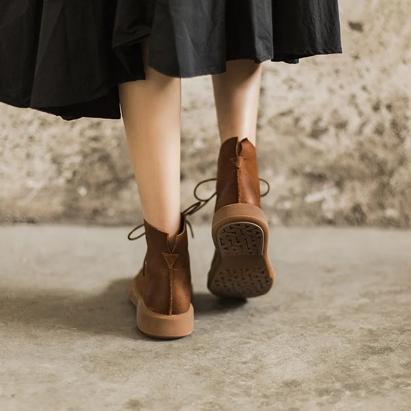 Women Retro Martin Boots Lace Up Soft Leather Oxford  Casual Walking Booties Brown/Black Harrison Monk Oxfords