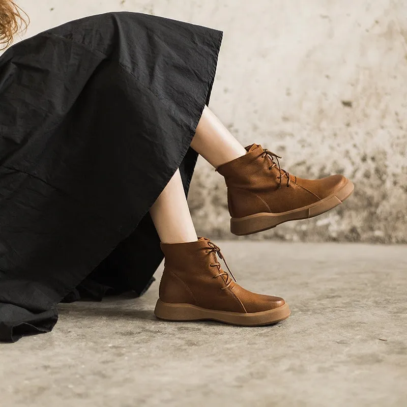 Kingsman Oxfords Quote Women Retro Martin Boots Lace Up Soft Leather Oxford  Casual Walking Booties Brown/Black