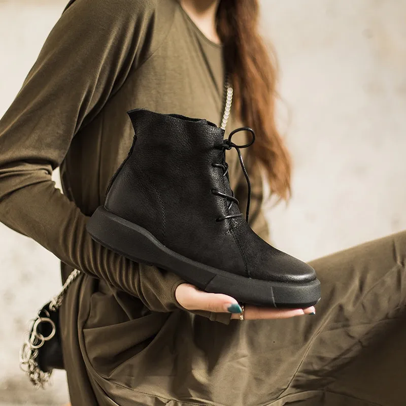 Women Retro Martin Boots Lace Up Soft Leather Oxford  Casual Walking Booties Brown/Black 2.zerøgrand Oxfords