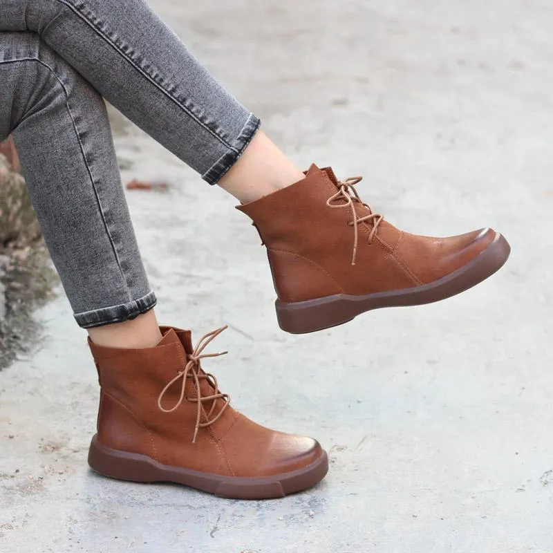 Women Retro Martin Boots Lace Up Soft Leather Oxford  Casual Walking Booties Brown/Black Originalgrand Stitchlite Wingtip Oxford