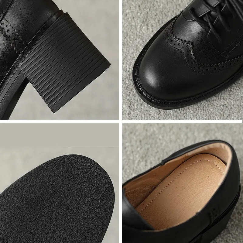 Time Fashion Oxford Al Women Round Toe Lace Up Leather Chunky Brogue Shoes 65mm Block Heel in Brown/Black