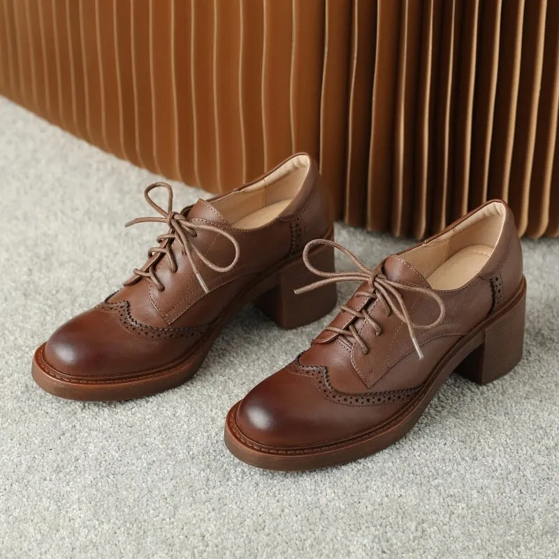 Women Round Toe Lace Up Leather Chunky Brogue Shoes 65mm Block Heel in Brown/Black Oxford Color