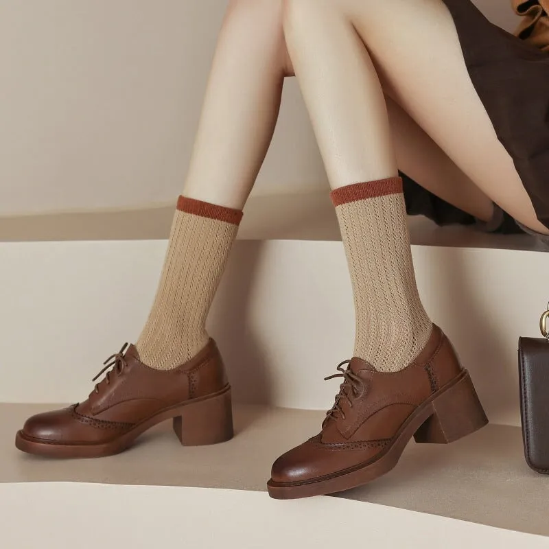 Cameron Leather Oxfords Women Round Toe Lace Up Leather Chunky Brogue Shoes 65mm Block Heel in Brown/Black