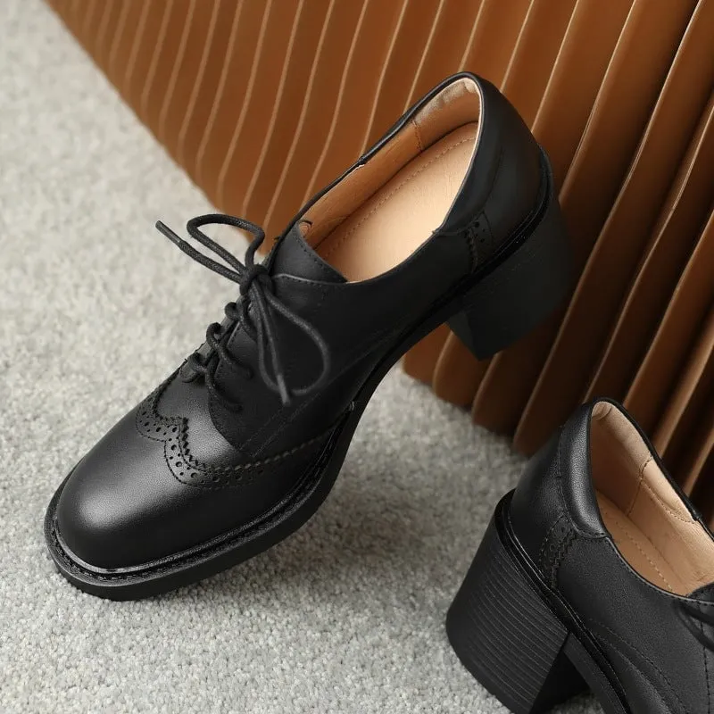 Cork Oxfords Women Round Toe Lace Up Leather Chunky Brogue Shoes 65mm Block Heel in Brown/Black