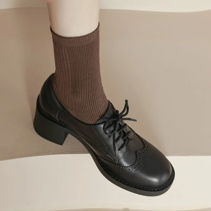 Women Round Toe Lace Up Leather Chunky Brogue Shoes 65mm Block Heel in Brown/Black Cut Oxford