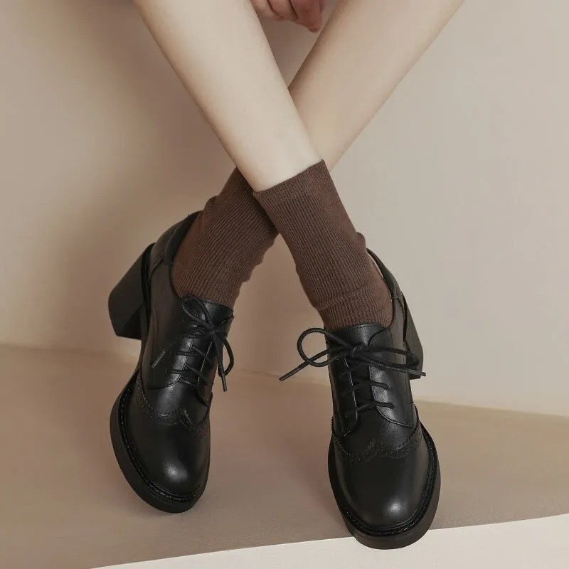 Women Round Toe Lace Up Leather Chunky Brogue Shoes 65mm Block Heel in Brown/Black Oxford Shoe