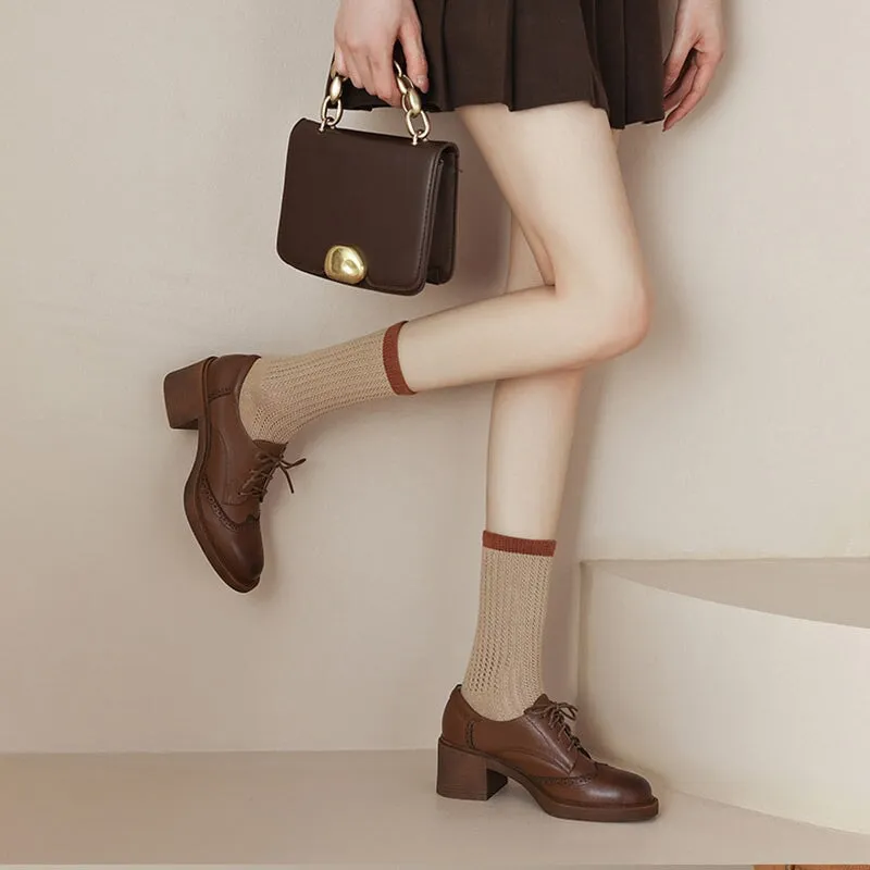 Rucker Park Oxfords Women Round Toe Lace Up Leather Chunky Brogue Shoes 65mm Block Heel in Brown/Black