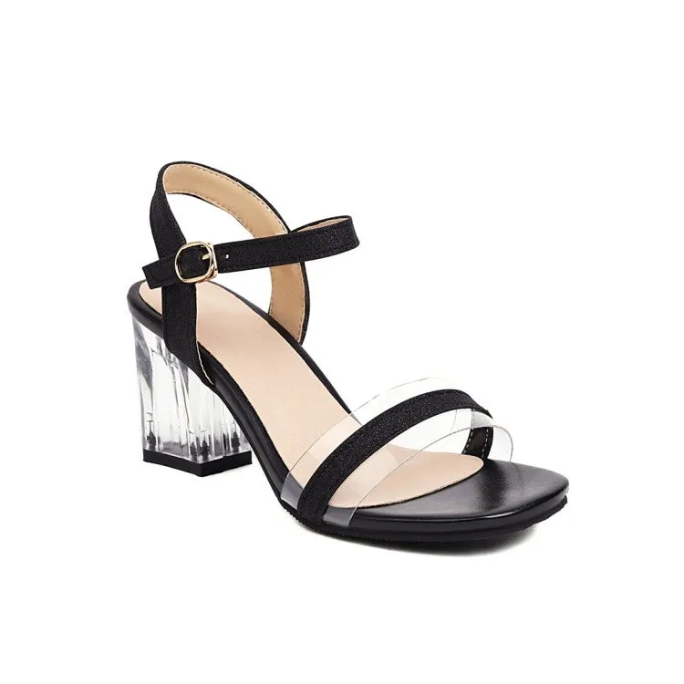 Sandals Rhinestones Women's Ankle Strap Buckle Transparent Crystal Chunky Heel Sandals