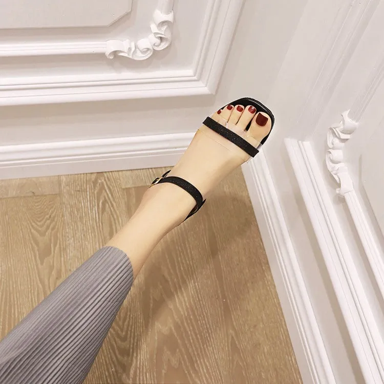 Women's Ankle Strap Buckle Transparent Crystal Chunky Heel Sandals Gumby Sandals