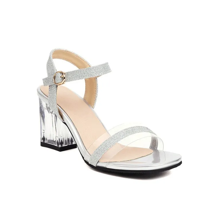 Sandals Halcyon Beach Resort Women's Ankle Strap Buckle Transparent Crystal Chunky Heel Sandals