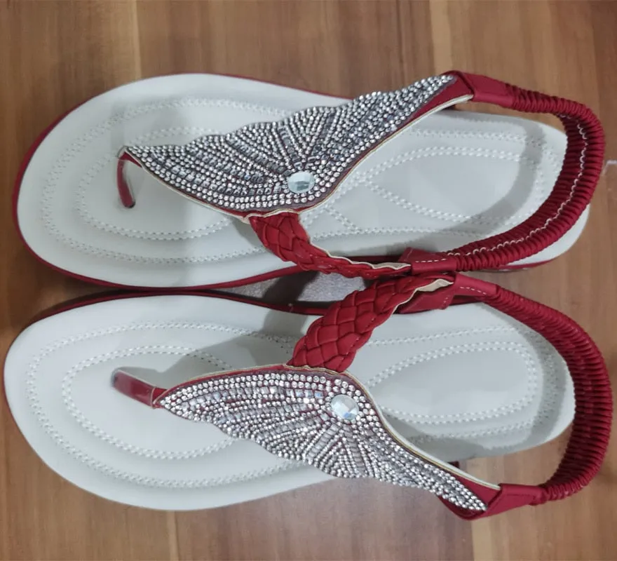 Fur Flip Flops Women's Bohemian Style Half Shell Rhinestone Summer Beach Sandals