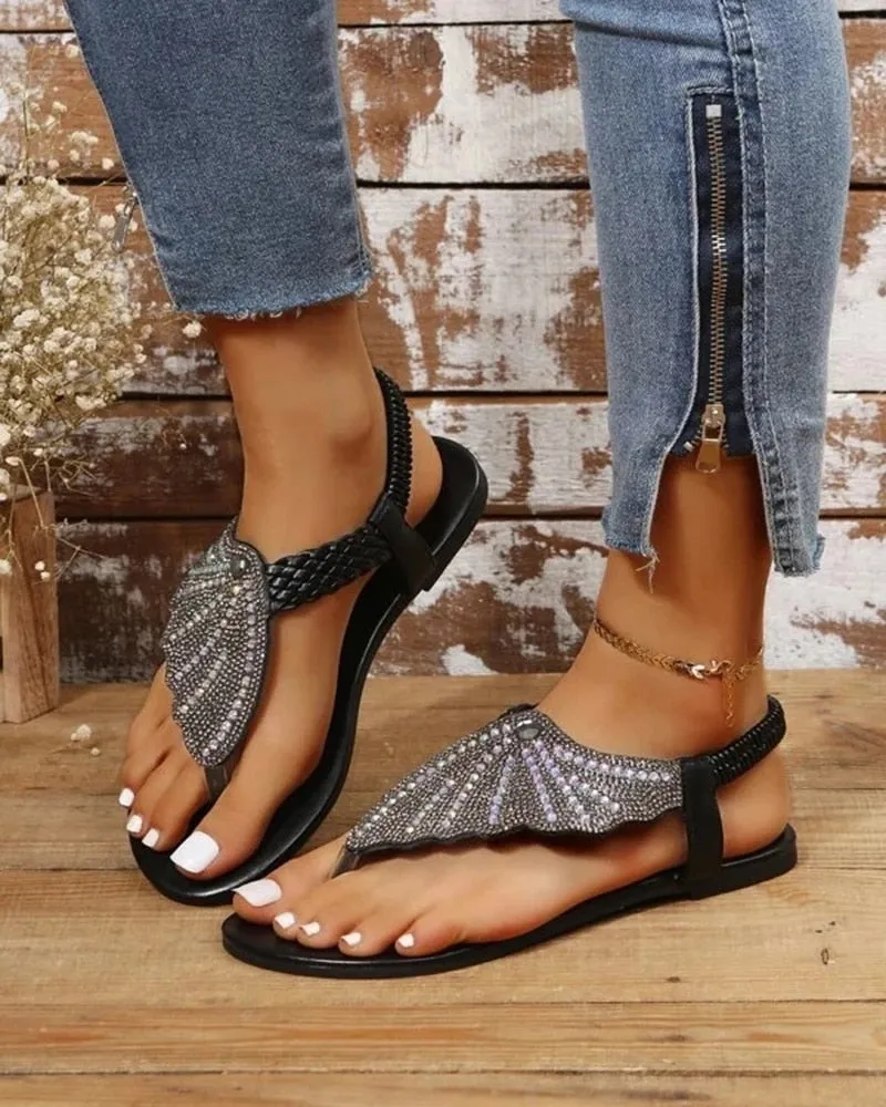 Women's Bohemian Style Half Shell Rhinestone Summer Beach Sandals Grip Flip Flops
