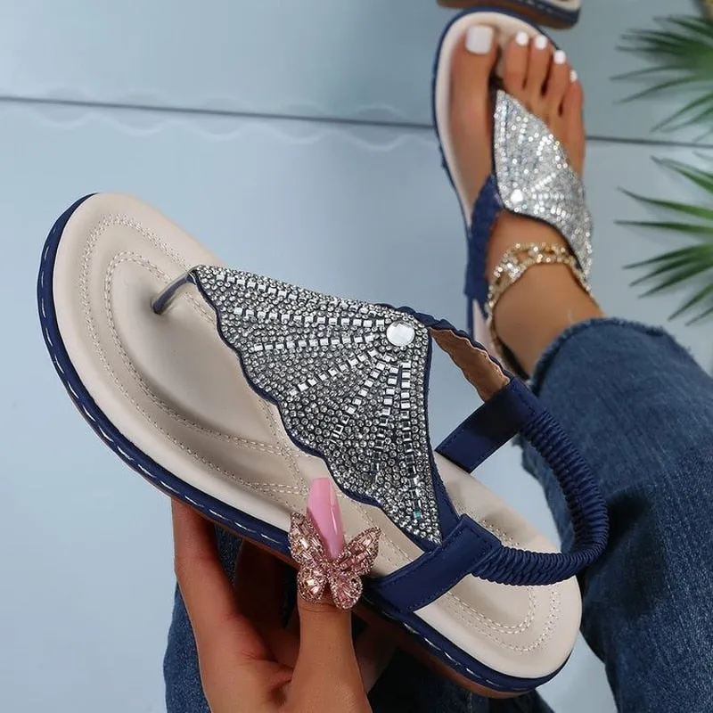 Freewater Flip Flops Women's Bohemian Style Half Shell Rhinestone Summer Beach Sandals
