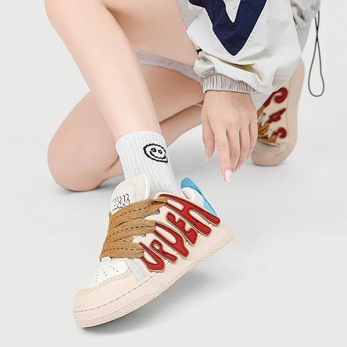 Long Skirt With Sneakers Women's Casual Platform Board Shoes Cartoon Letters Sneakers