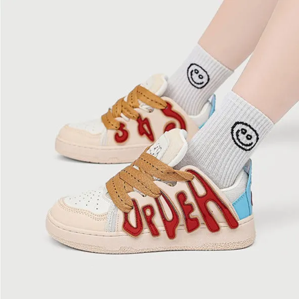Women's Casual Platform Board Shoes Cartoon Letters Sneakers Black Sneakers
