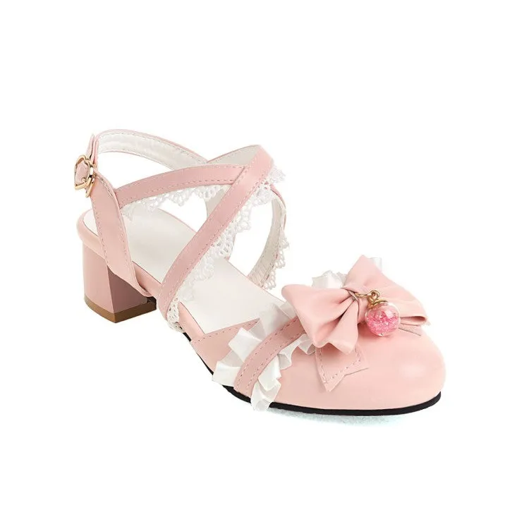 Sandals Ochi Women's Closed Toe Lolita Lace Butterfly Knot Round Toe Block Heel Sandals