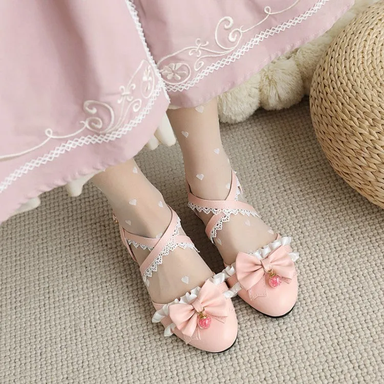 Women's Closed Toe Lolita Lace Butterfly Knot Round Toe Block Heel Sandals Barbados Vs Royal Barbados