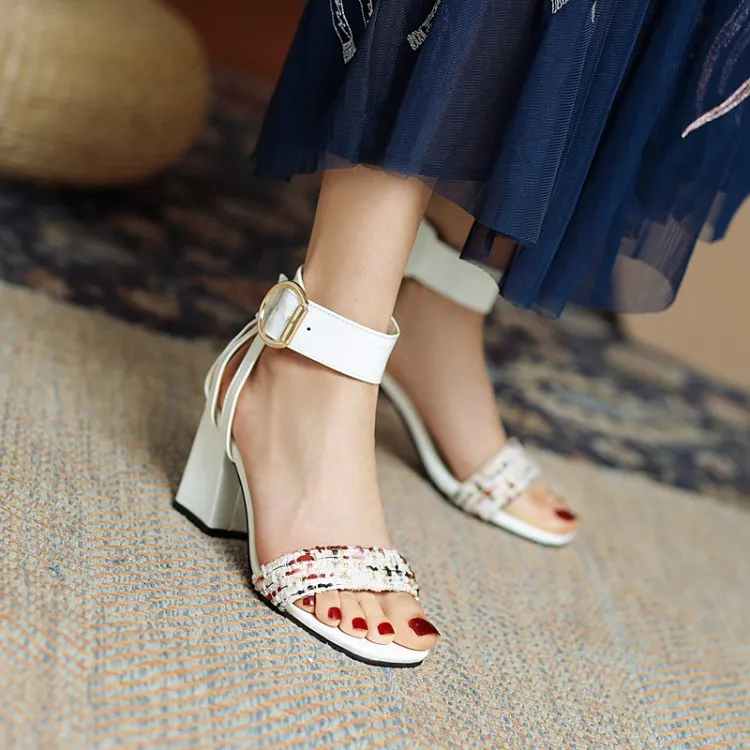 Sunsan Sandals Women's Color Blocking Ankle Strap Metal Buckle Block Heel Sandals