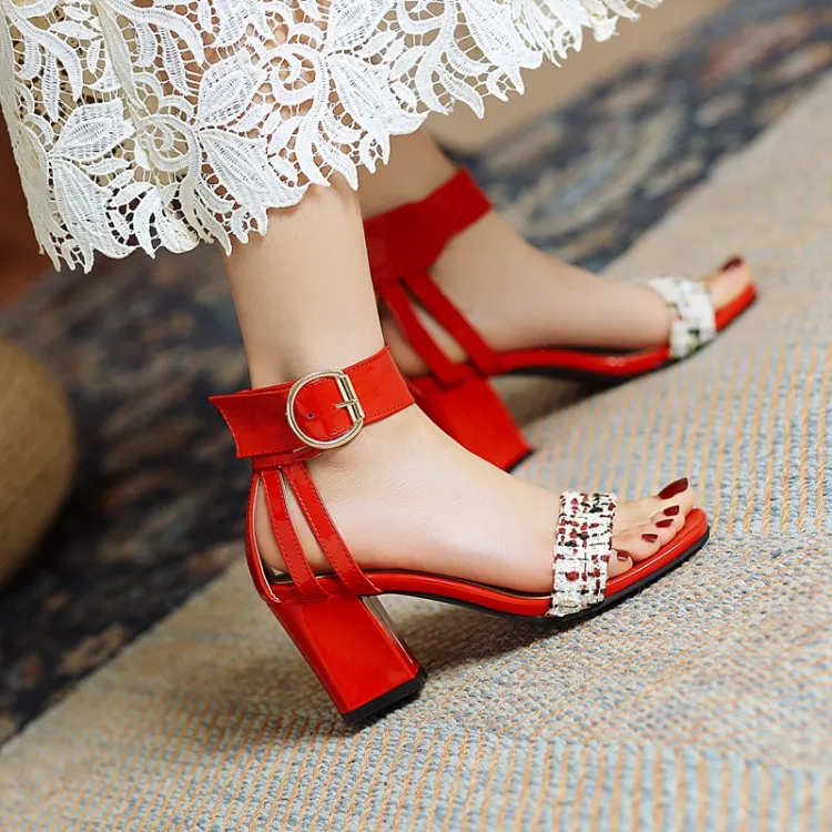 Sandals Vacation Cost Women's Color Blocking Ankle Strap Metal Buckle Block Heel Sandals