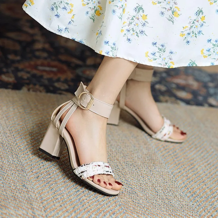 Sandals For Walk Women's Color Blocking Ankle Strap Metal Buckle Block Heel Sandals