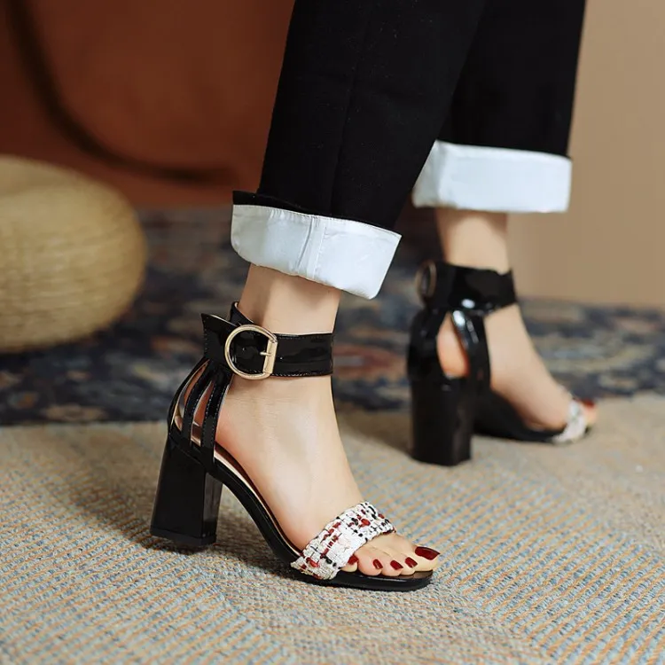 Women's Color Blocking Ankle Strap Metal Buckle Block Heel Sandals Earth Sandals Shoes
