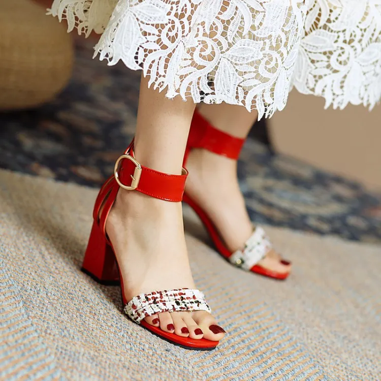 Sandals Size 13 Women's Color Blocking Ankle Strap Metal Buckle Block Heel Sandals