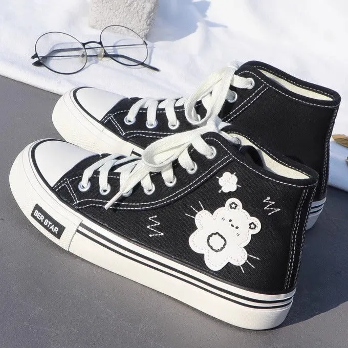Women's Cute Bear Canvas High top Sneakers Lace up Tennis Shoes Dress Slacks And Sneakers