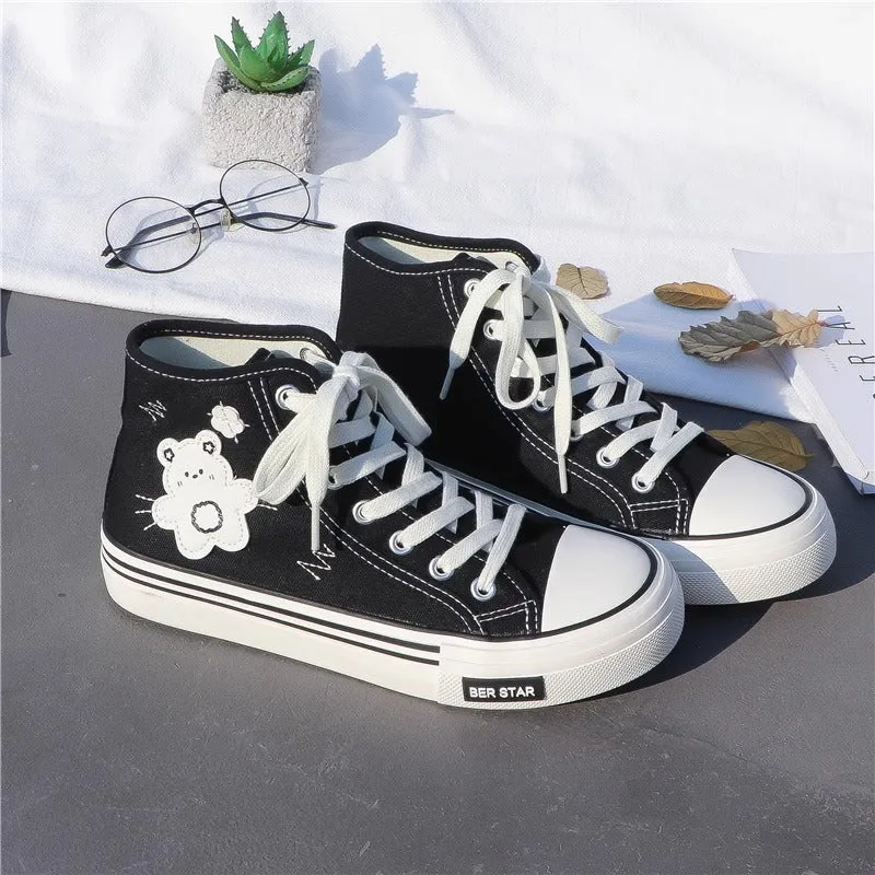 Women's Cute Bear Canvas High top Sneakers Lace up Tennis Shoes Comfortable Bridal Sneakers