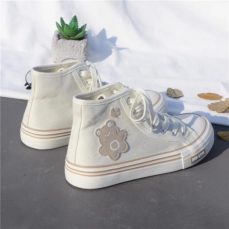 Women's Cute Bear Canvas High top Sneakers Lace up Tennis Shoes Sneakers Fort Dodge