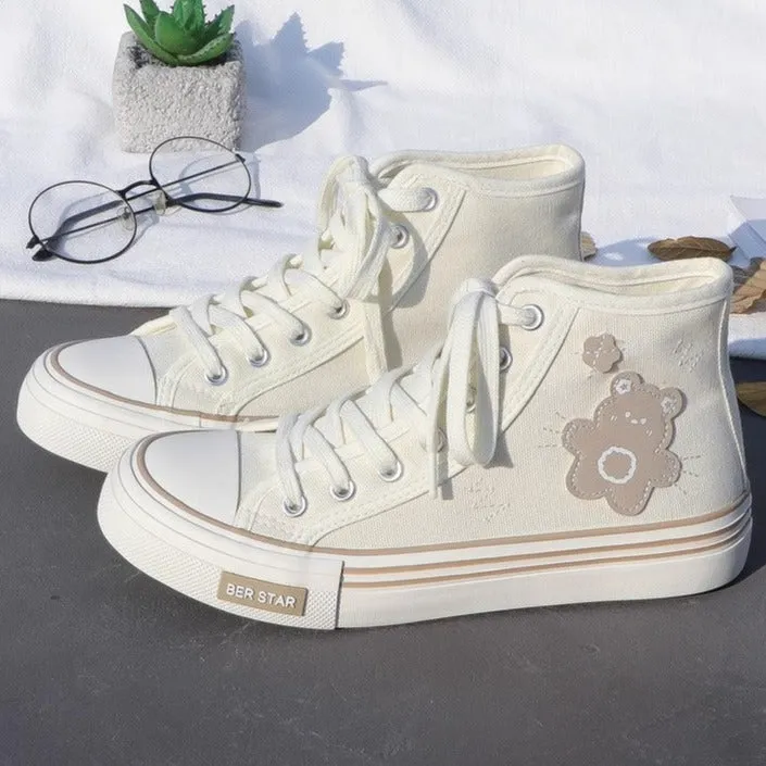 Women's Cute Bear Canvas High top Sneakers Lace up Tennis Shoes Low Price Sneakers