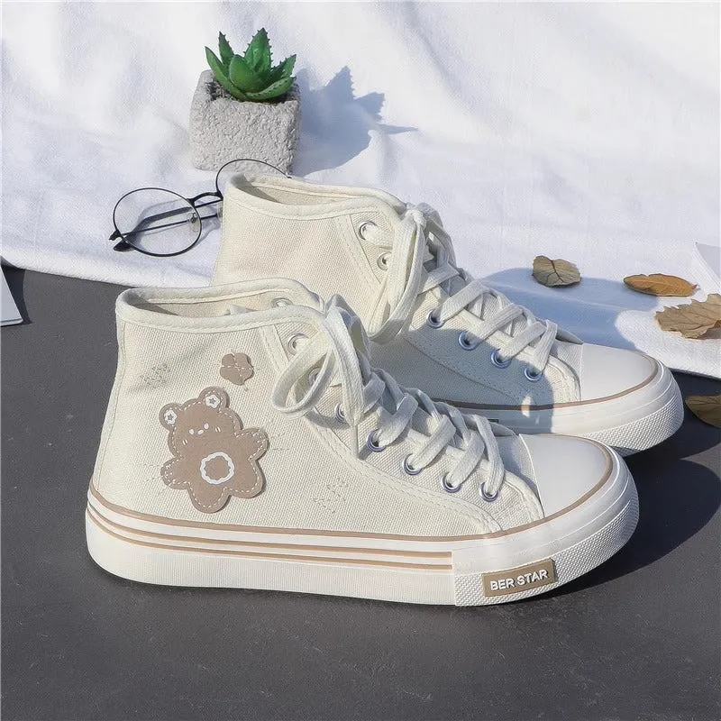 Women's Cute Bear Canvas High top Sneakers Lace up Tennis Shoes Dressy Sneakers
