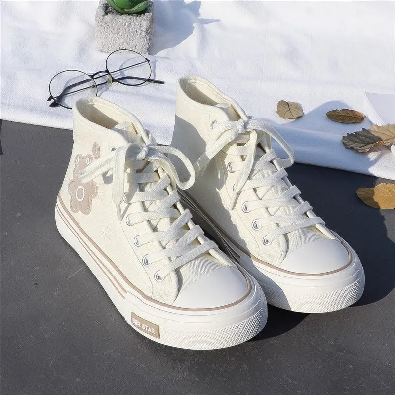 Women's Cute Bear Canvas High top Sneakers Lace up Tennis Shoes Master P Sneakers