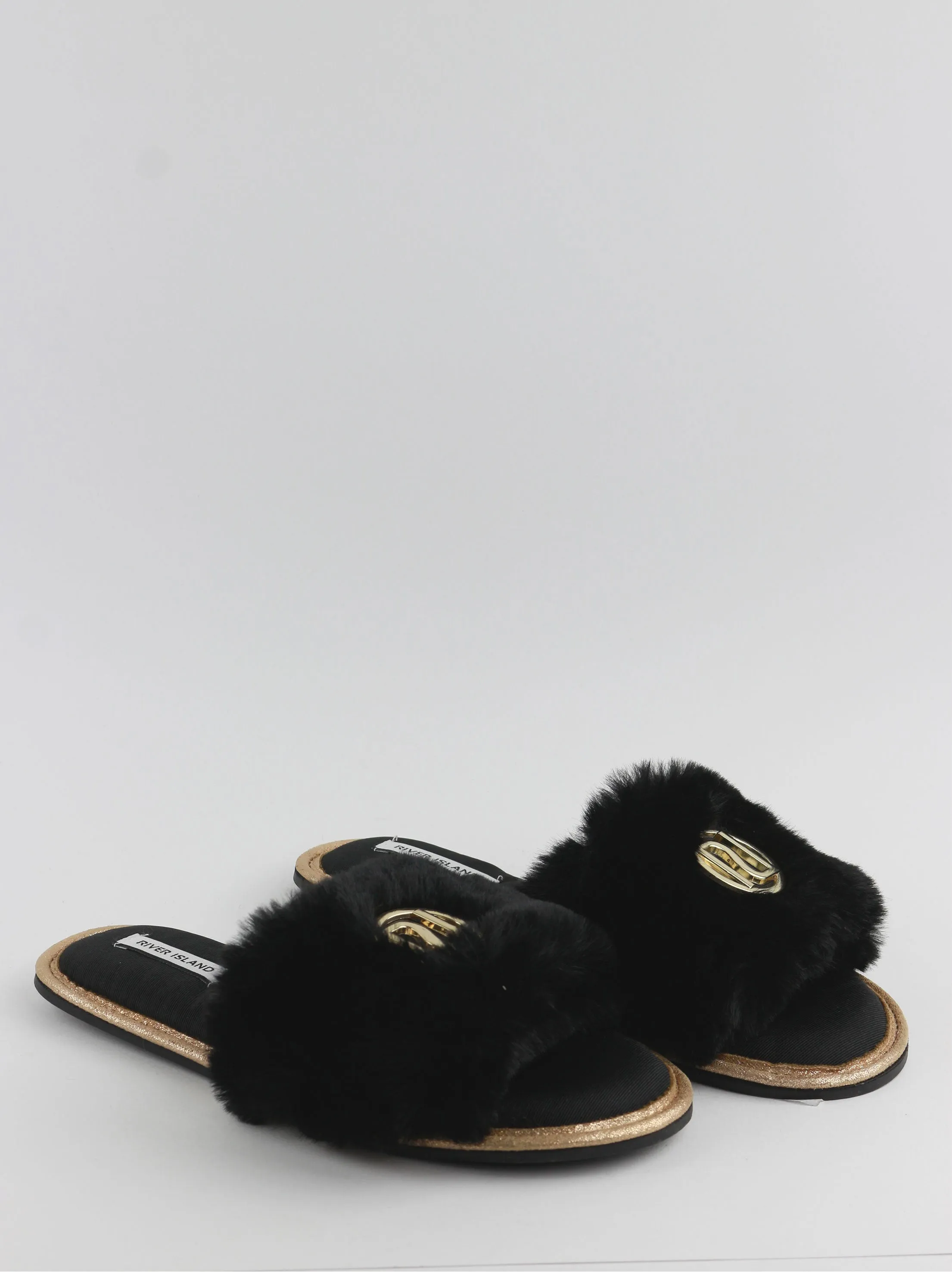Women's  Faux Fur Open Toe Slippers,Black Cute Slippers For Adults