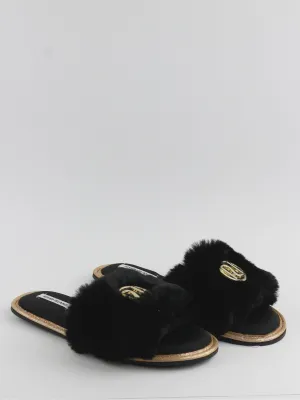 Women's  Faux Fur Open Toe Slippers,Black Hamburger Slippers