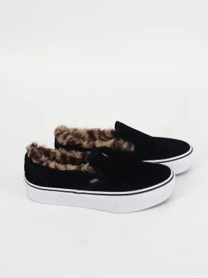 Women's Faux Fur Slip On Shoes,Black Running Shoe For Flat Feet