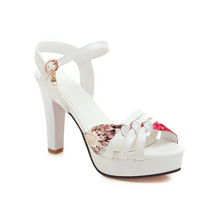 Wedge Heel Gladiator Sandals Women's Flora Print Ankle Strap Pearls High Heel Platform Sandals