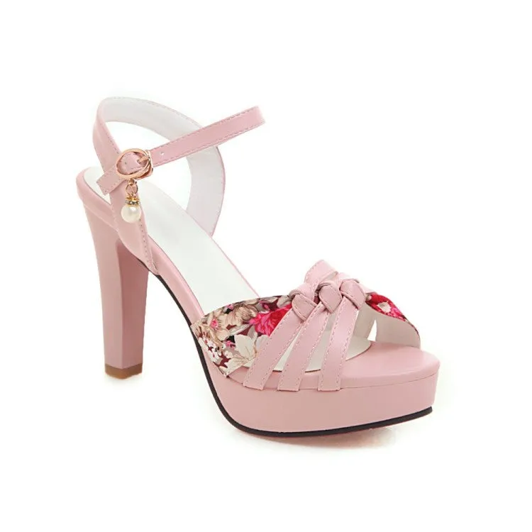 Tabi Leather Sandals Women's Flora Print Ankle Strap Pearls High Heel Platform Sandals