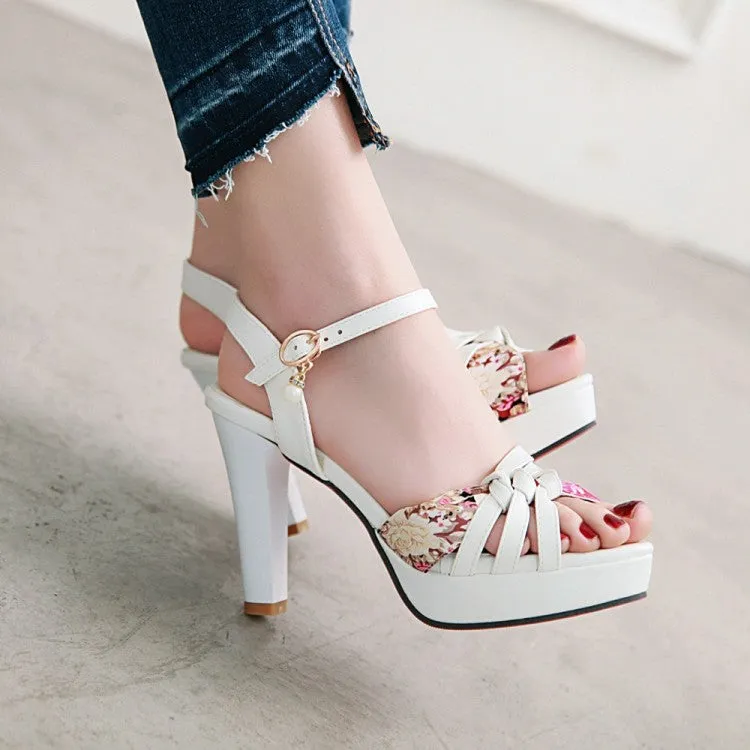 Sandals Bohemian Bahamas Women's Flora Print Ankle Strap Pearls High Heel Platform Sandals