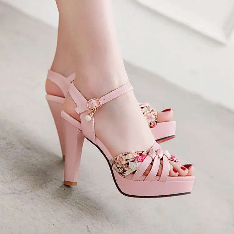 Yoga Mat Sandals Women's Flora Print Ankle Strap Pearls High Heel Platform Sandals