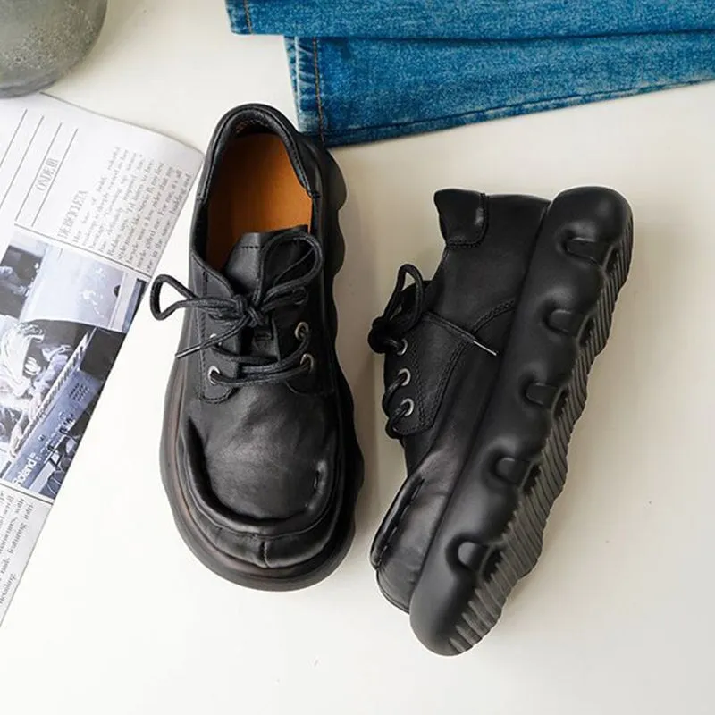 Women's Handmade Genuine Leather Chunky Platforms Flatforms in Black/Coffee Glacier Oxfords