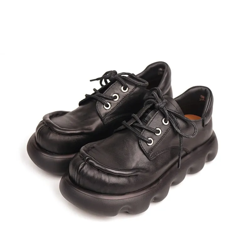 Women's Handmade Genuine Leather Chunky Platforms Flatforms in Black/Coffee Oxfords Business Shoes