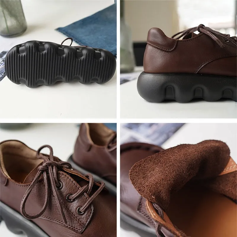 Lace Up Oxfords Wide Width Women's Handmade Genuine Leather Chunky Platforms Flatforms in Black/Coffee
