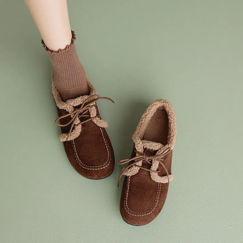 Womens Handmade Leather Oxford Loafer Shoes For Winter in Black/Brown/Apricot Shoes Oxford Style