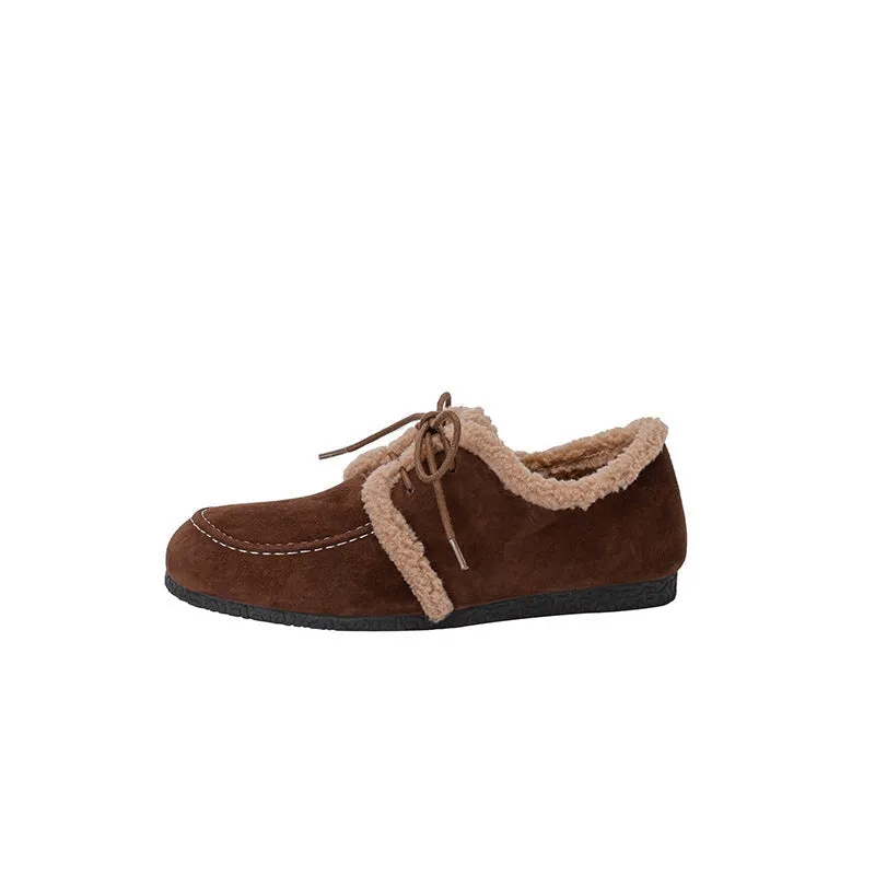 Coffee Oxford Womens Handmade Leather Oxford Loafer Shoes For Winter in Black/Brown/Apricot