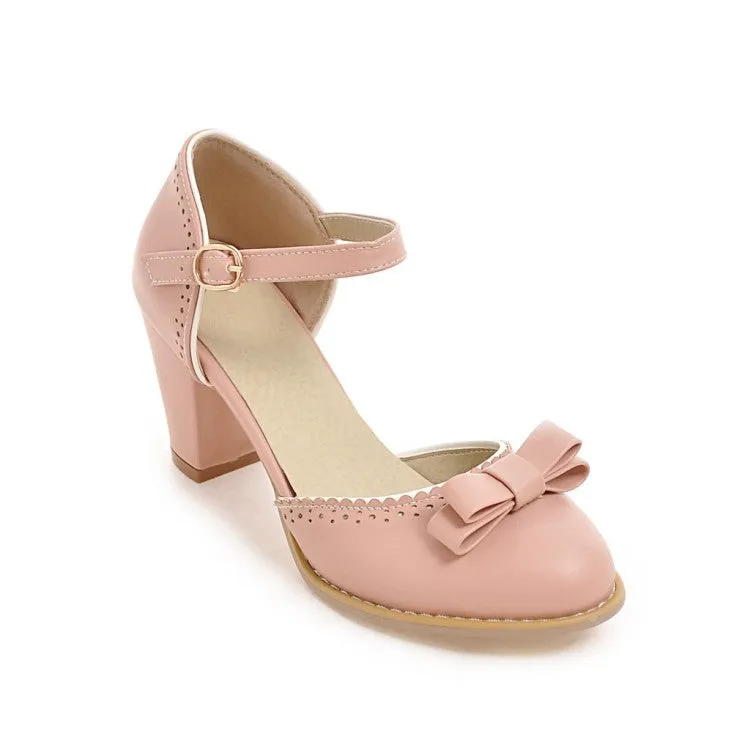 High End Sandals Women's Hollow Out Butterfly Knot Ankle Strap Block Heel Sandals